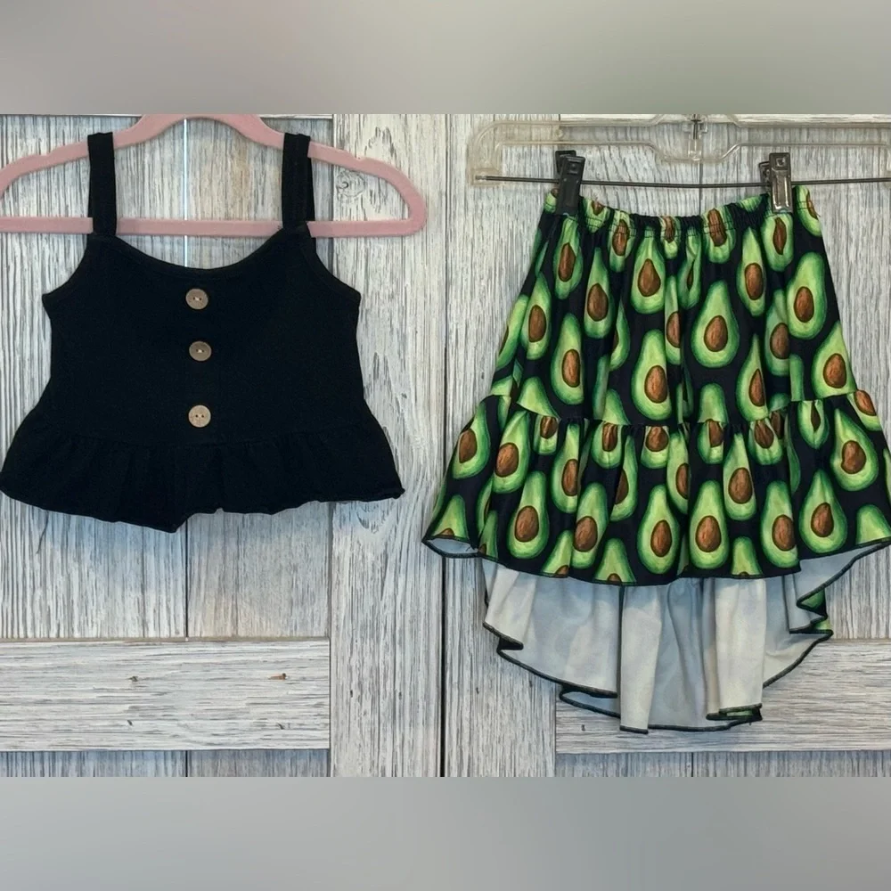 Kids' Avocado Print Skirt and Black Top Set
